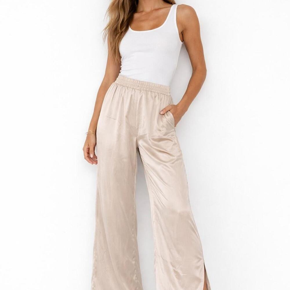 Jason Wu Satin‎ Wide Leg Pants XL Champagne Beige Side Slit Quiet Luxury